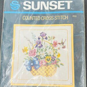 Sunset Garden Flowers Counted Cross Stitch Kit Basket Summer 1986 Vintage 2934
